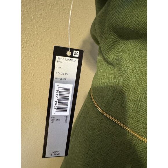 Tahari Dress 18 Green Mock Neck Gold Zipper Trim Short Sleeve Career Church NEW - Picture 11 of 11